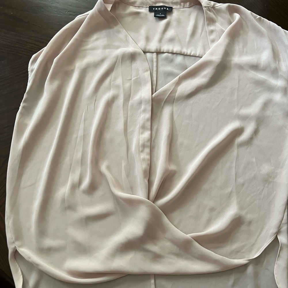 Trouve Cream Sleeveless Wrap Blouse with Mandarin Collar